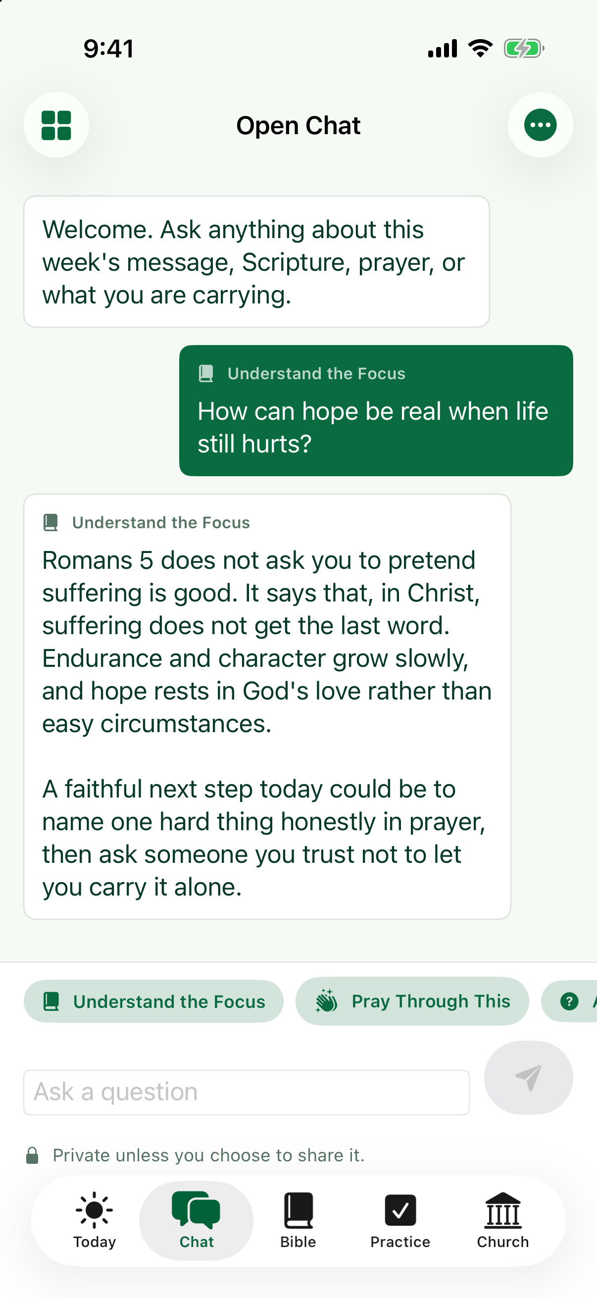 Private member chat responding to an honest question about hope